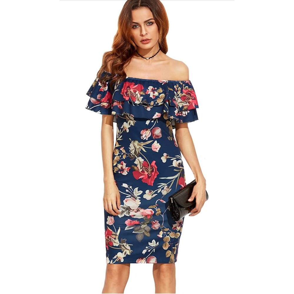 👗 2/$30 👗 Navy Floral Off Shoulder Body Con Dress sz Medium